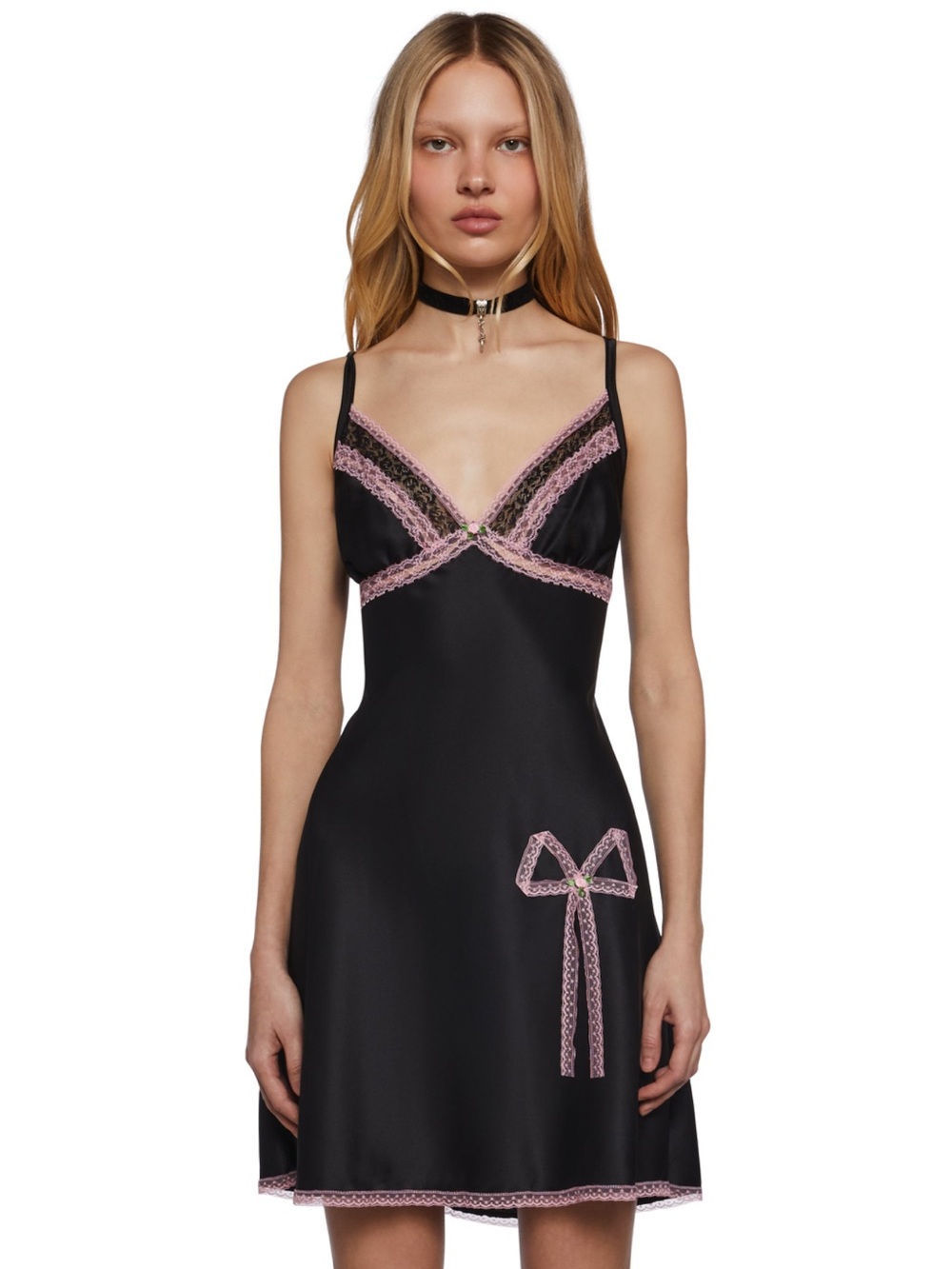 Dolls Kill Black Satin Slip with Pink Lace Bow Trim